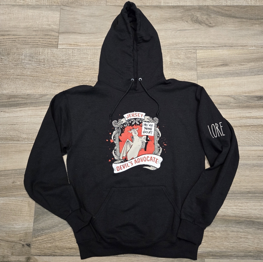 NWOT Lore Podcast Jersey Devil's Advocate Black Graphic Hoodie Unisex Medium